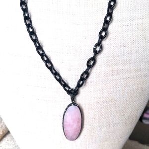 Rose quartz Pendant Necklace. Marcasite Black Bezel. 21" Black Chain. New, Pink